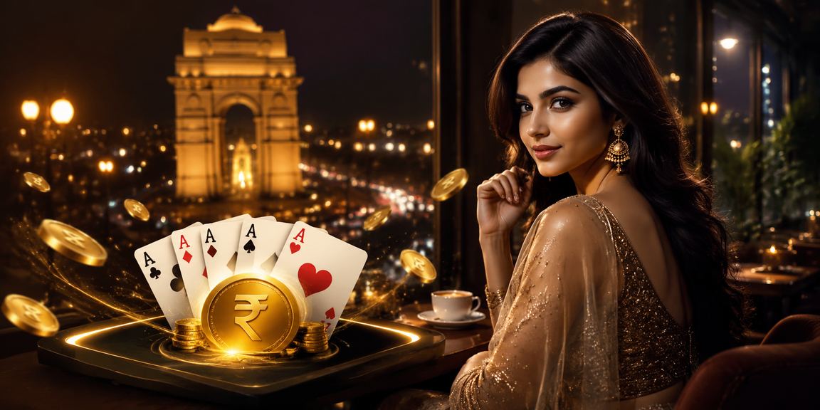 Night view of India Gate with neon lights and Teen Patti card game influences