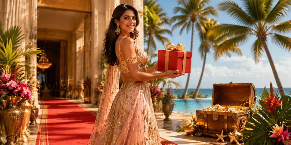 Festive Bollywood themed image showing red envelopes with bonus offers in an Indian casino setting